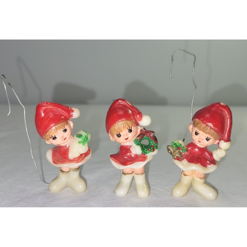 Vintage Christmas Elf Pixie Celluloid Figurines Red Hong Kong MCM Kitsch (3)